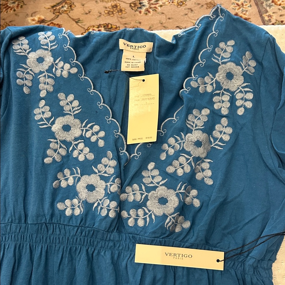 Vertigo Embroidered Blue Tunic Long Sleeve Top-L - Picture 8 of 9